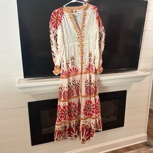 NWT FARM Rio Red and White Floral Long Sleeve Dress